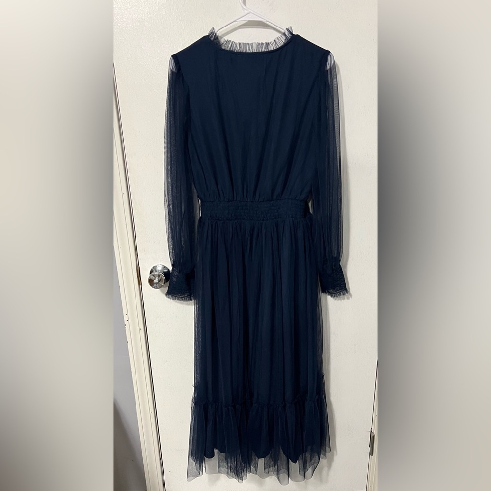 Elegant Navy Blue Sheer Dress - Picture 2 of 3